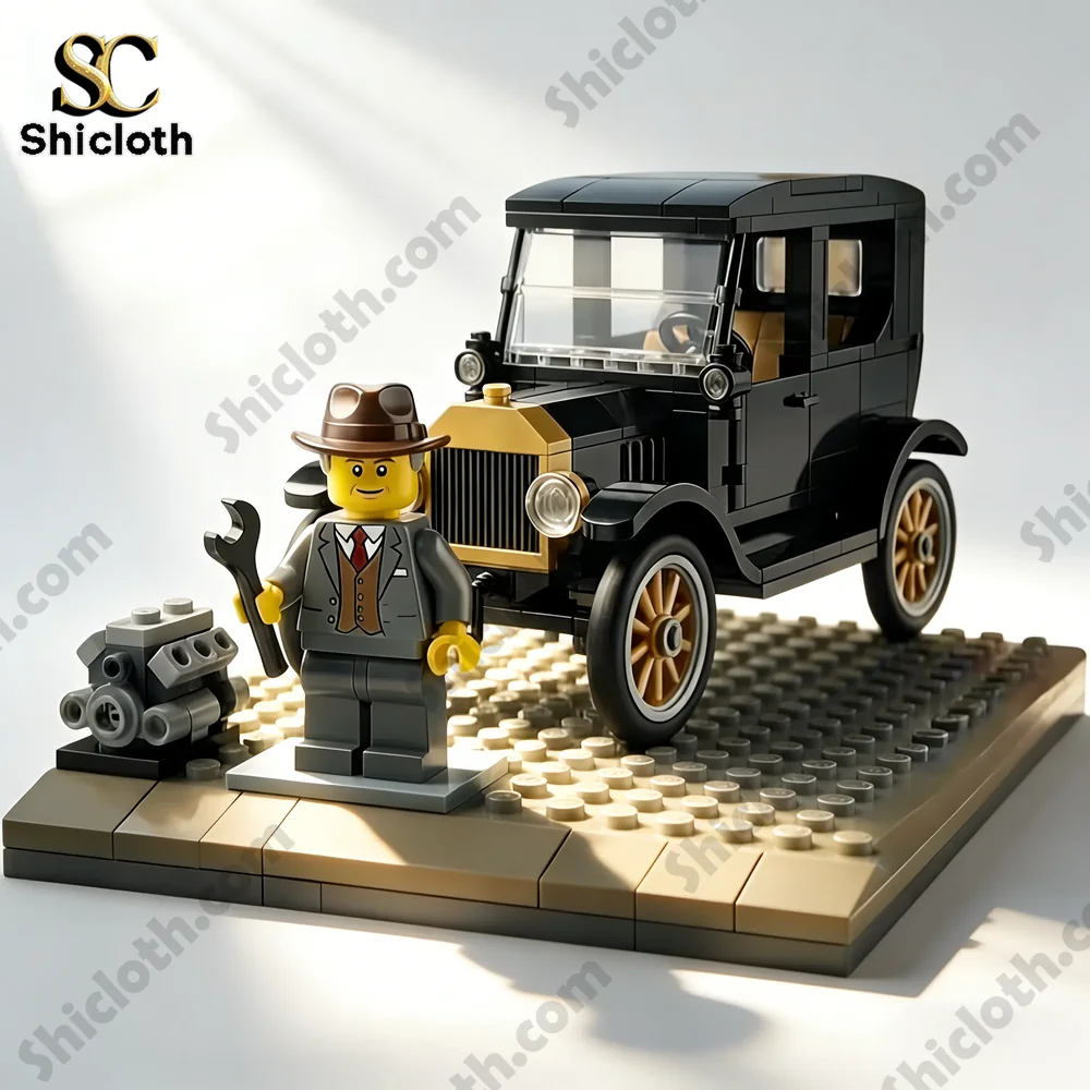 Classic black vintage car brick model with mechanic figure!
