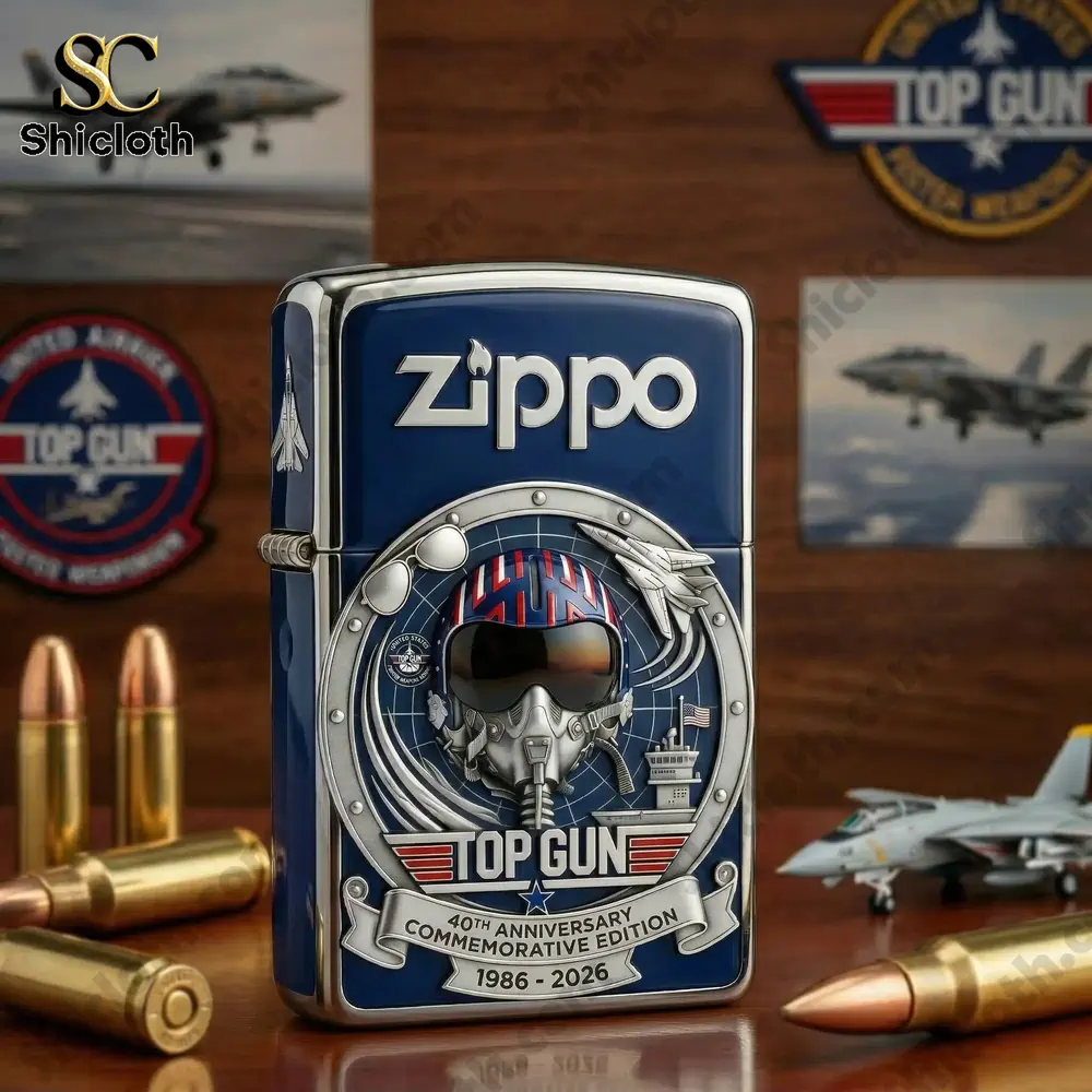 Top Gun 40th Anniversary 3D Zippo Lighter(1986-2026) 3 Top Gun commemorative Zippo lighter placed on a desk with bullets