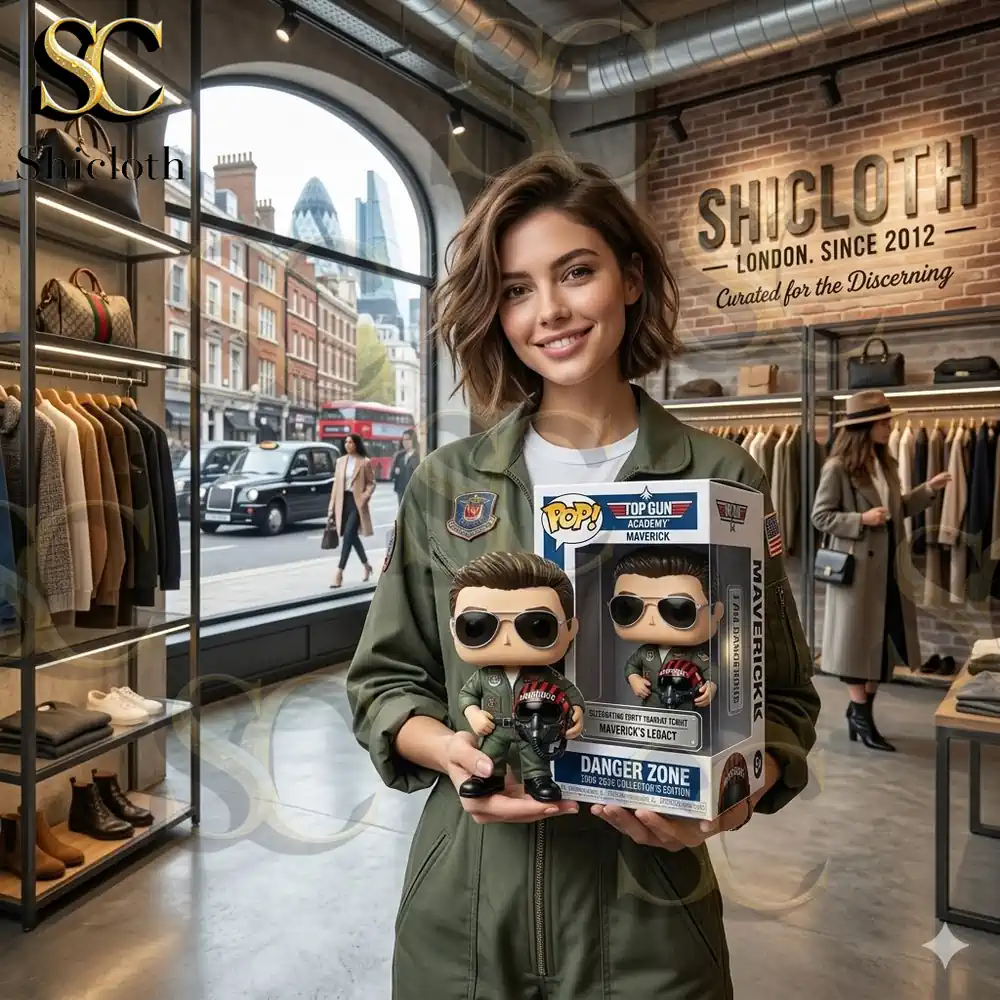 Woman holding pilot figure and product box inside Shicloth fashion store