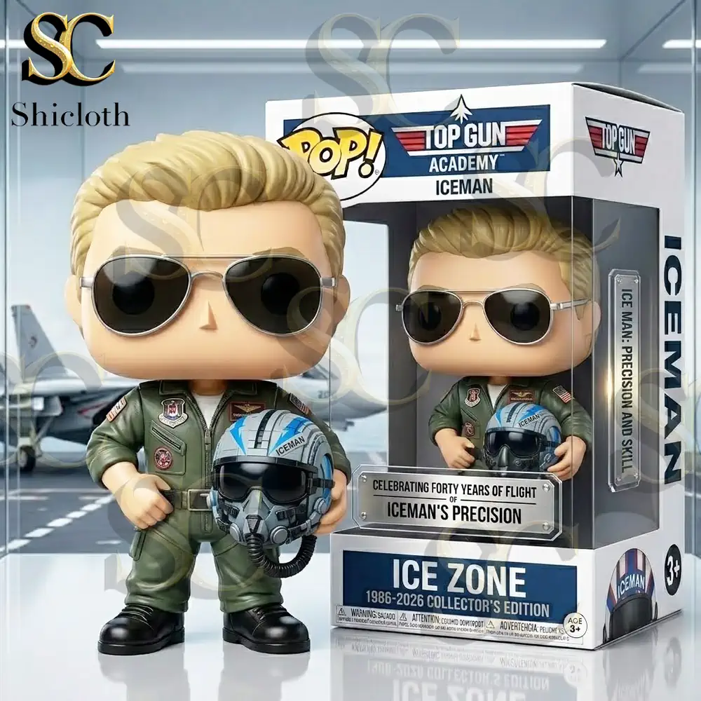 Iceman pilot figure with helmet and collector box on aviation themed background