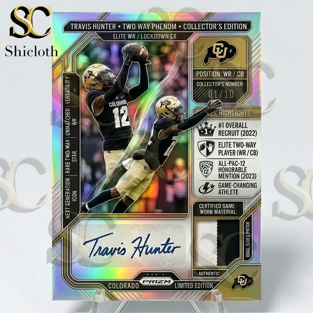 Close up shot of the holographic Travis Hunter sports card displaying two images of the player a patch authentic autograph career highlights and various logos!