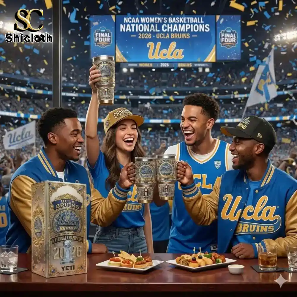 UCLA fans celebrating championship holding ornate tumbler cup in stadium