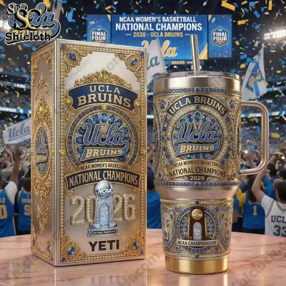 Detailed UCLA Bruins tumbler with decorative box on table in stadium
