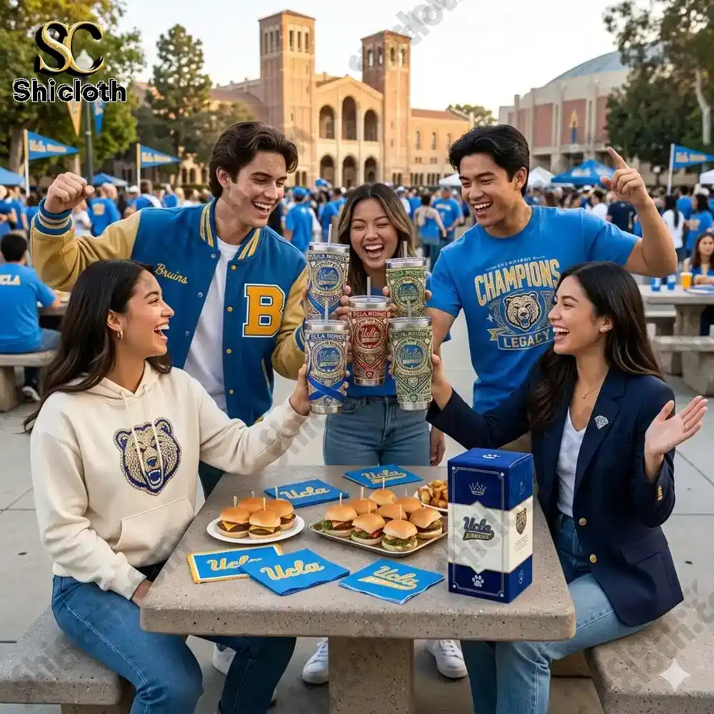 Group of friends celebrating with UCLA Bruins tumbler cups at campus table!