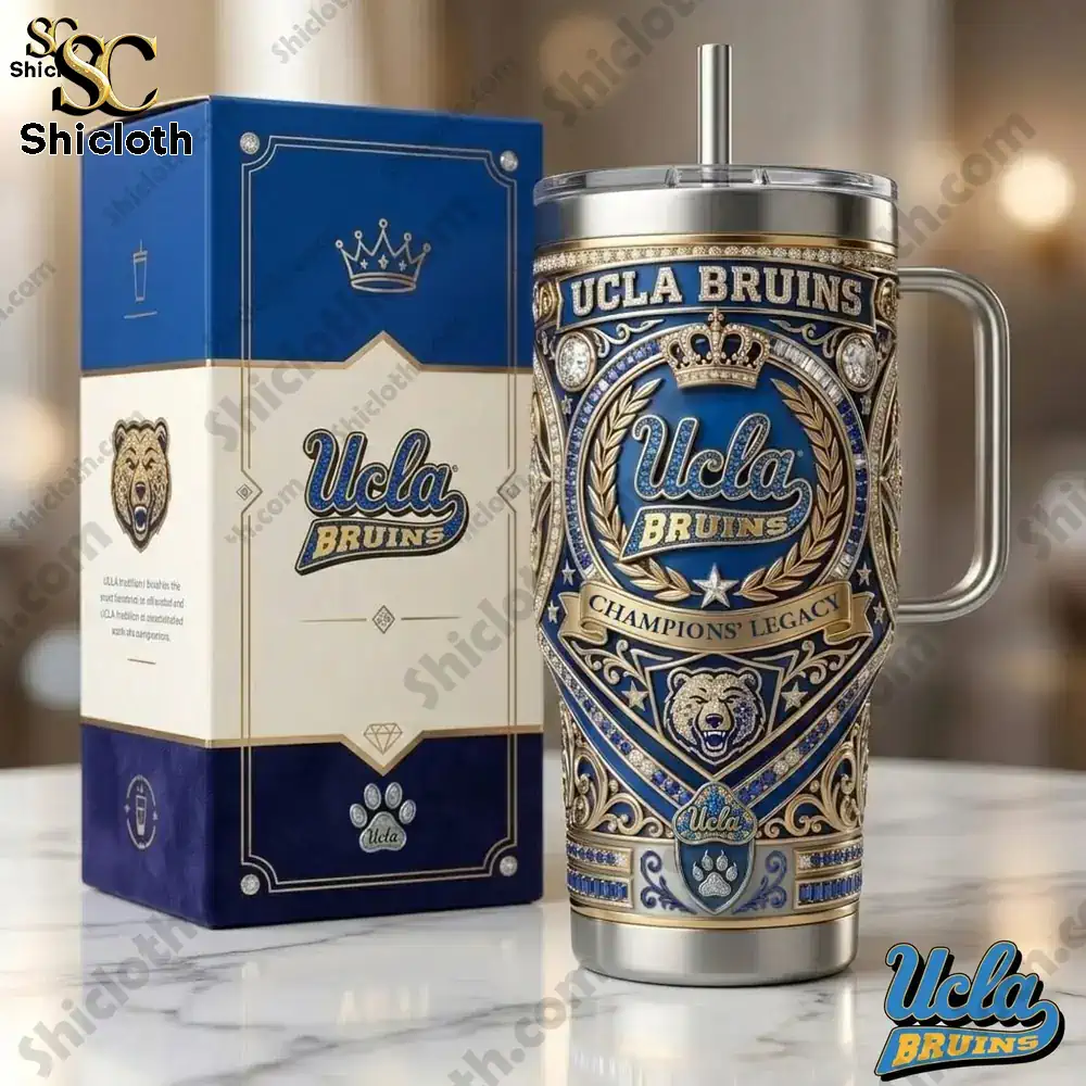 Close up of UCLA Bruins Champions Legacy tumbler with handle and premium box!