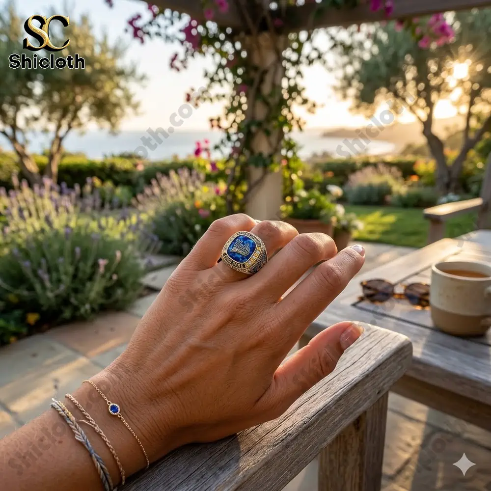 Hand wearing UCLA Bruins championship ring outdoors in garden setting!