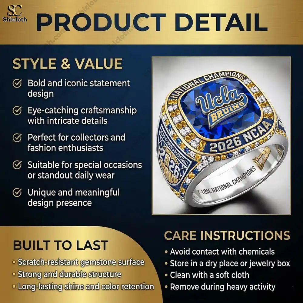 UCLA Bruins National Champions 2026 NCAA Rings 3 UCLA Bruins championship ring product details and care instructions display!
