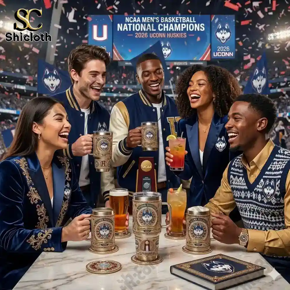 Group celebrating with Uconn Huskies championship mugs in stadium