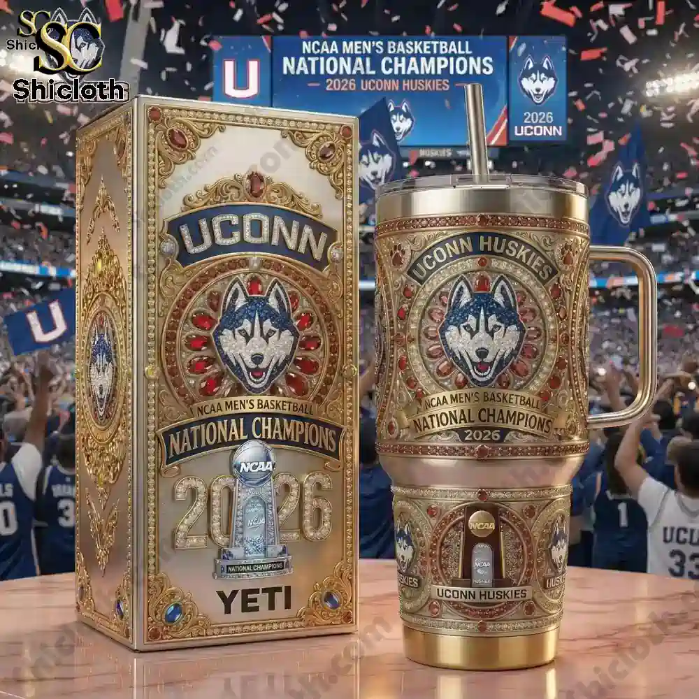 Close up of Uconn Huskies 2026 championship tumbler with box