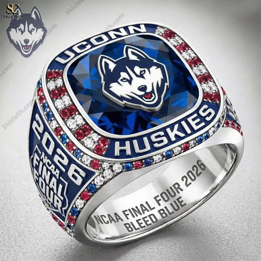 Close up of Uconn Huskies championship ring with blue stone!