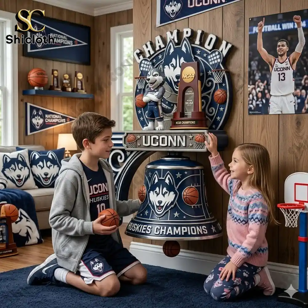 Kids playing near Uconn Huskies champion wall bell in decorated sports room!
