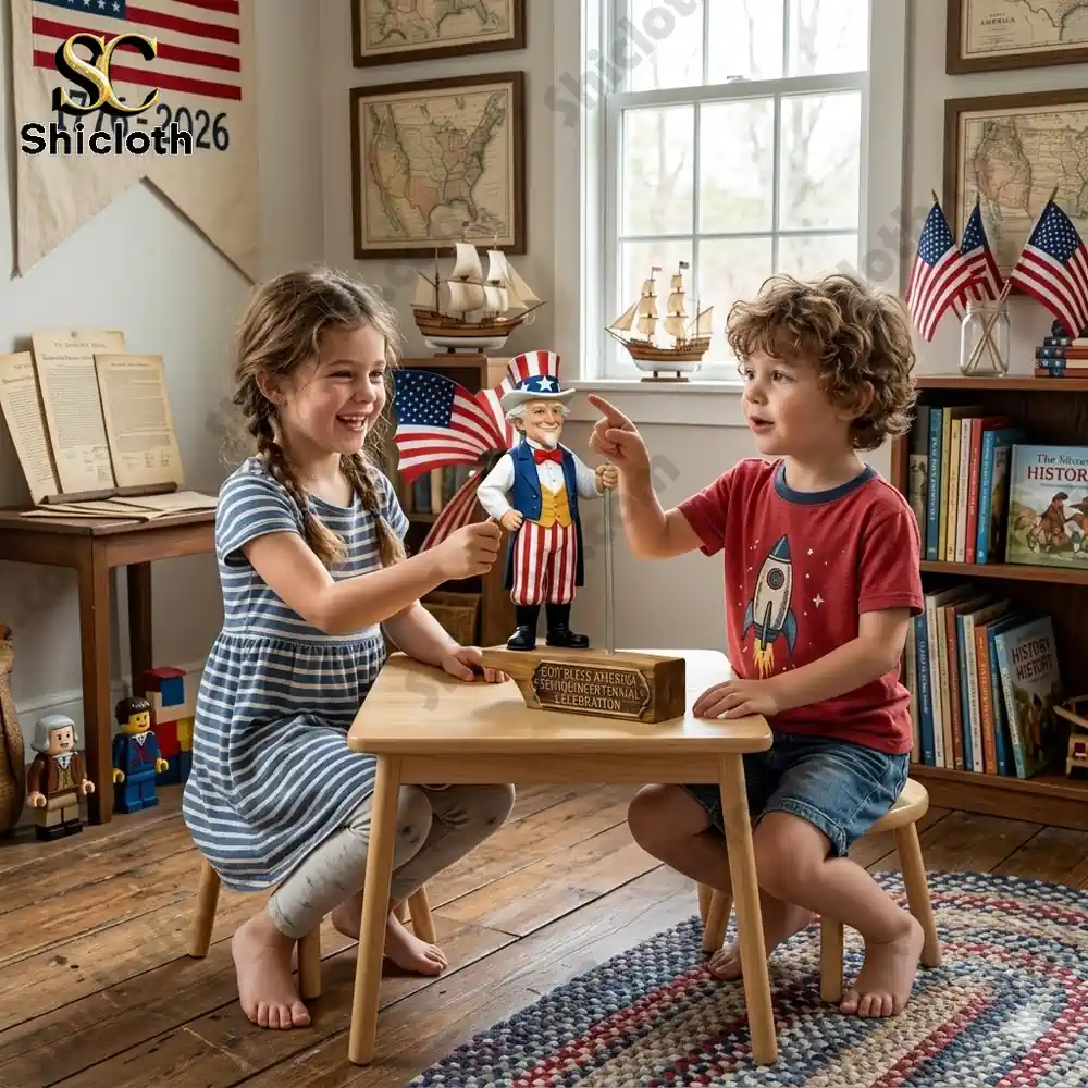 Two children playing with an American patriotic figurine in a decorated room