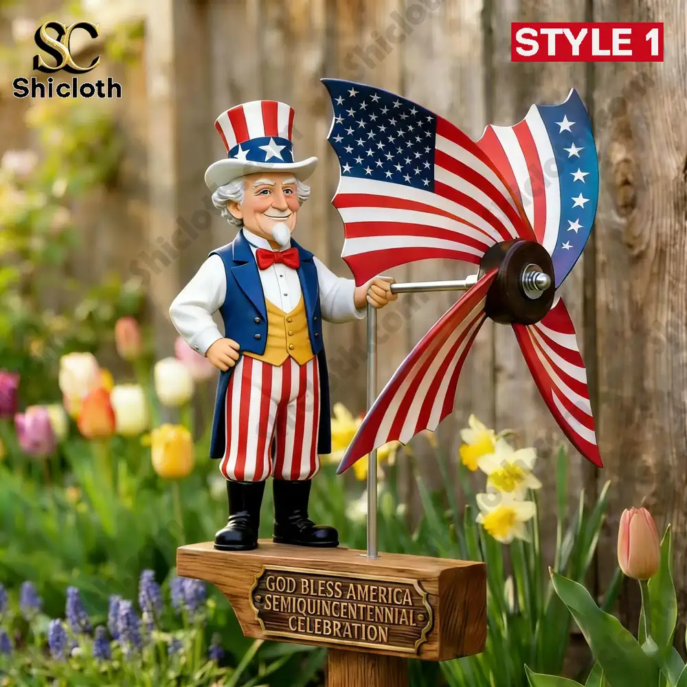 Uncle Sam figurine with American flag pinwheel in a garden setting