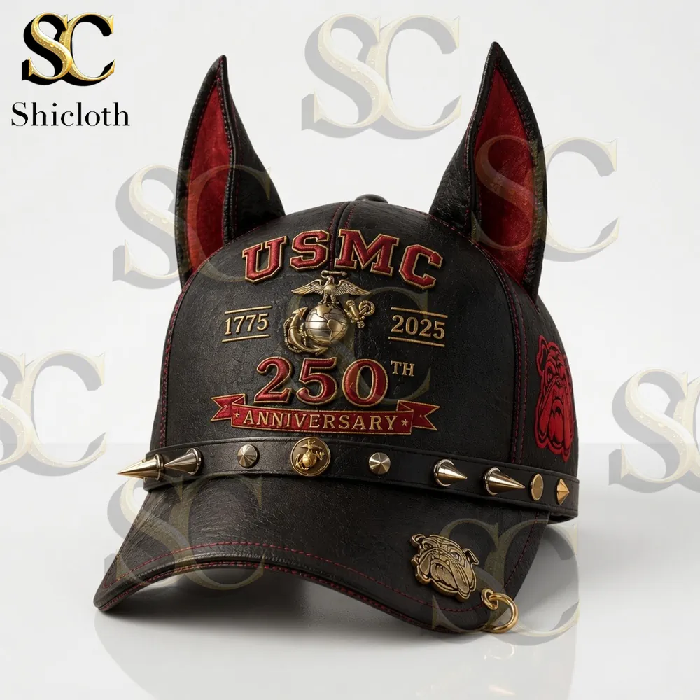 Black leather USMC anniversary cap with red dog ears and gold emblem