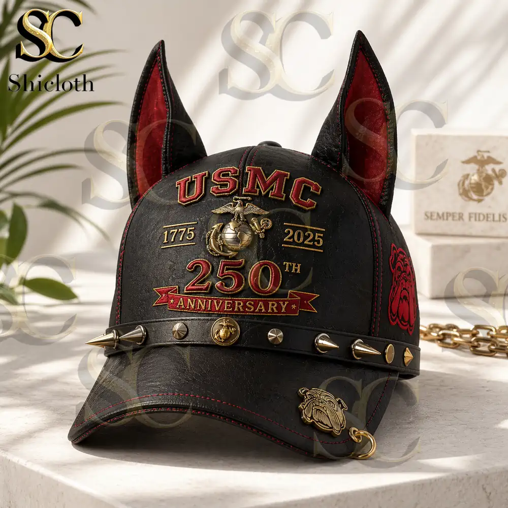 USMC leather cap with red dog ears displayed on table with decorative background