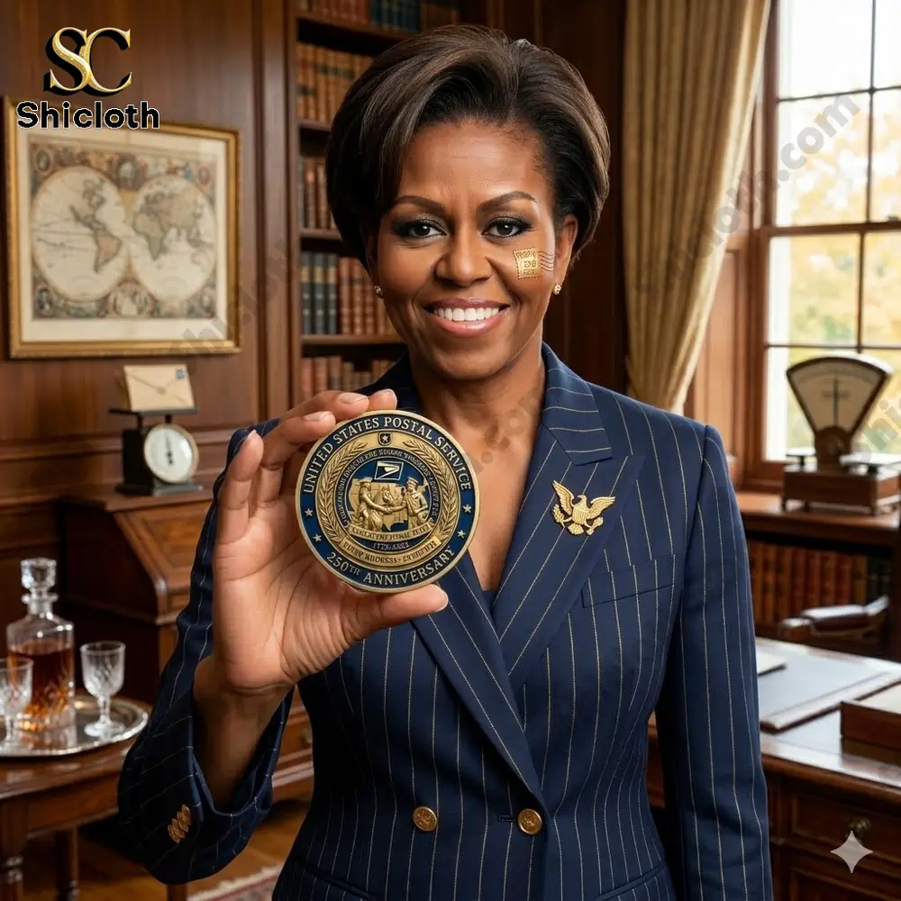 Woman holding a postal service commemorative coin in an office