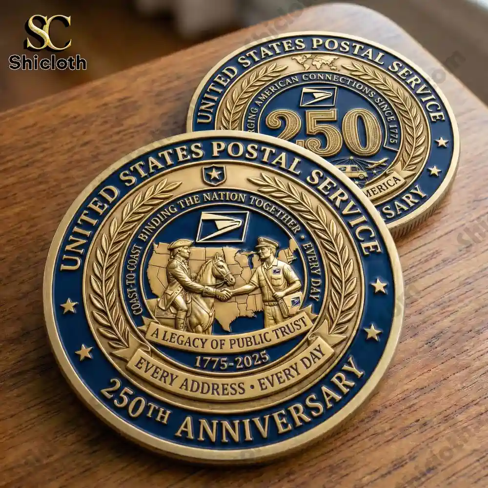 Close up of two postal service commemorative coins on wooden surface