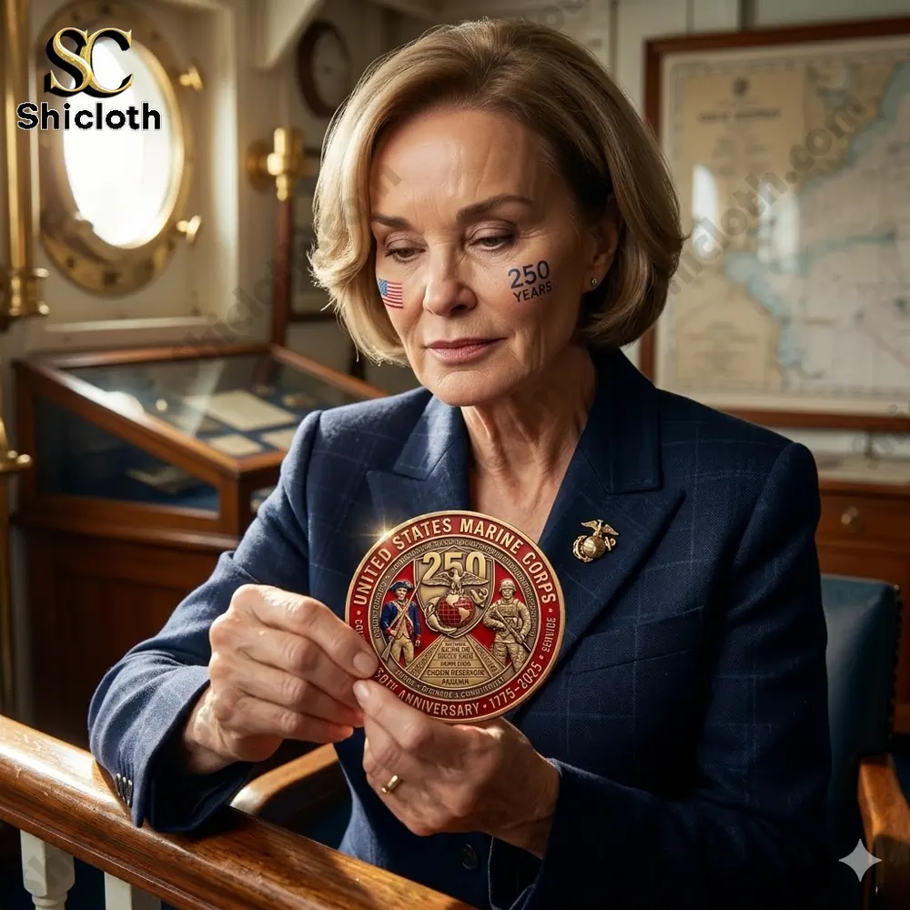 Woman holding United States Marine Corps 250 anniversary coin