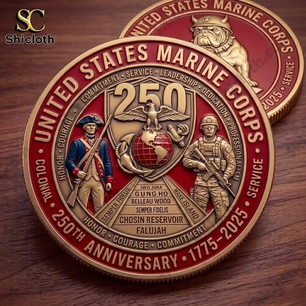 Close view of United States Marine Corps 250 anniversary coin design