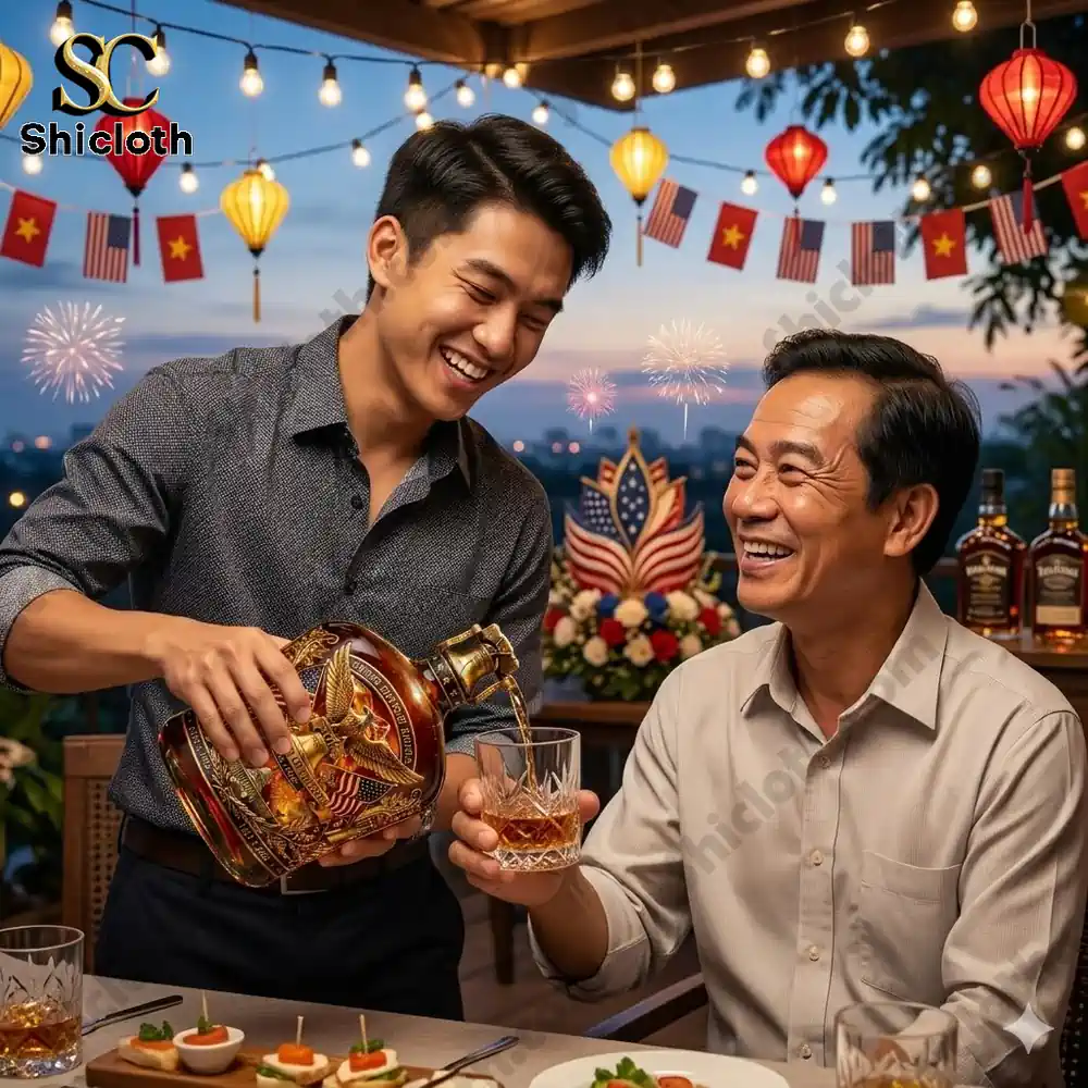 Two men smiling while pouring whiskey at a festive outdoor party!