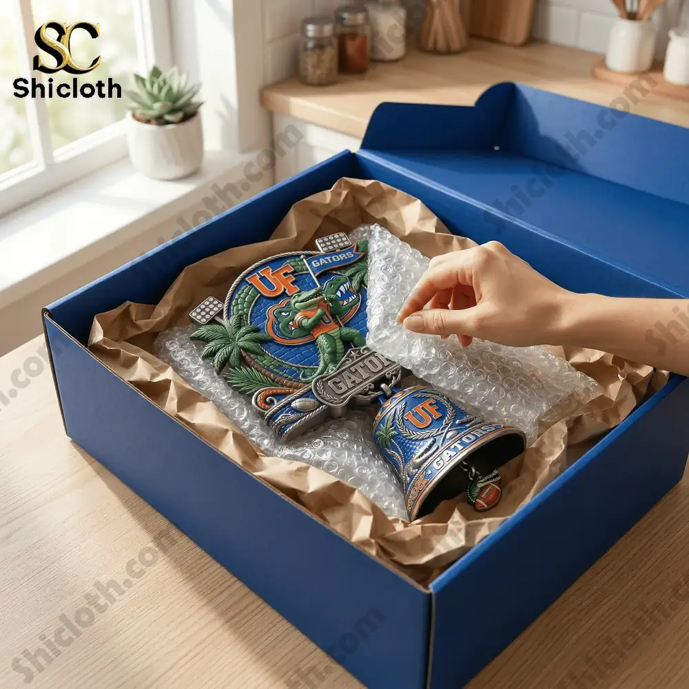 UF Gators wall bell safely packed in box with protective wrap