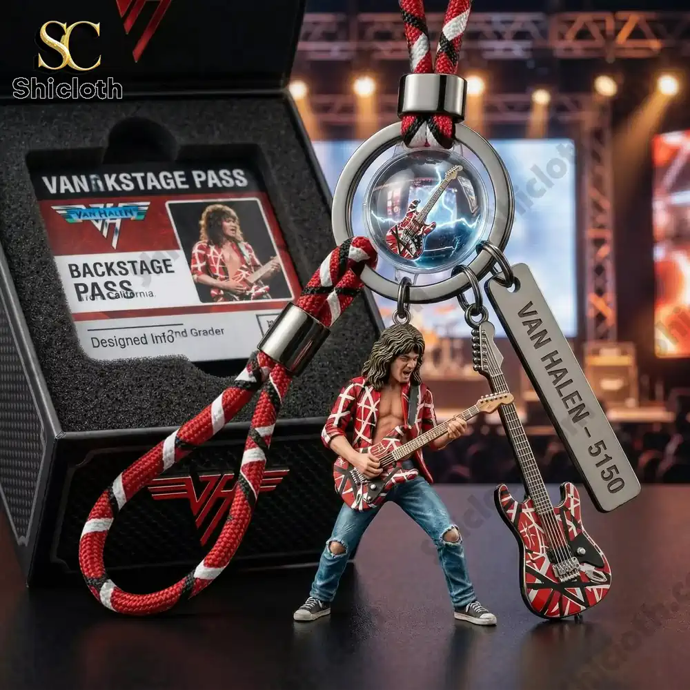 Close up of Van Halen style keychain with backstage pass and guitar charm!