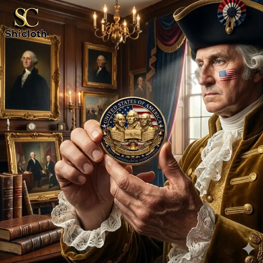 Man in historical attire holding commemorative coin in classic room