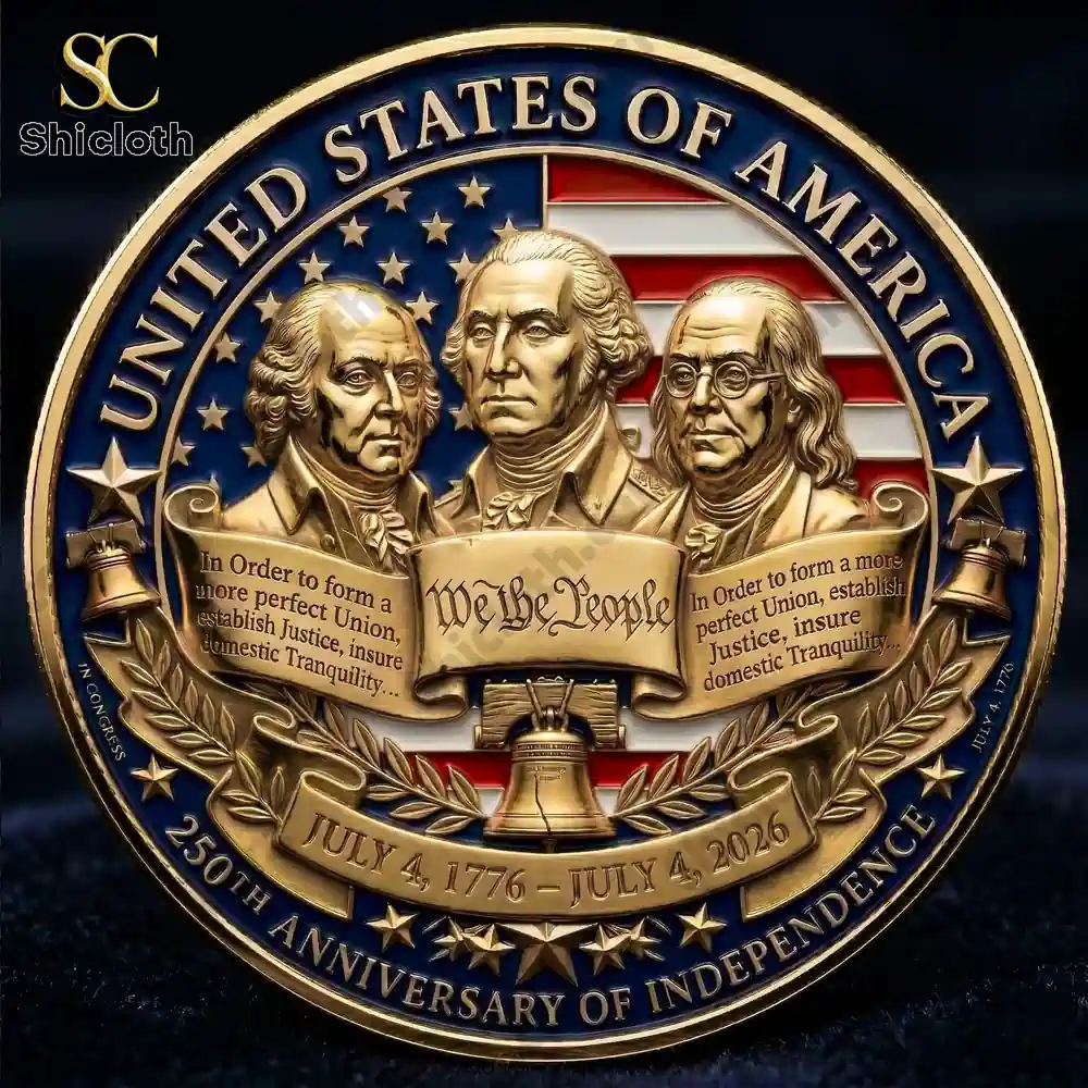 Close view of founding fathers commemorative coin with American flag design