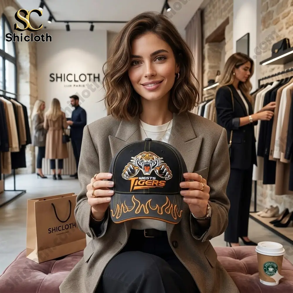 Woman holding black Tigers cap in fashion store!