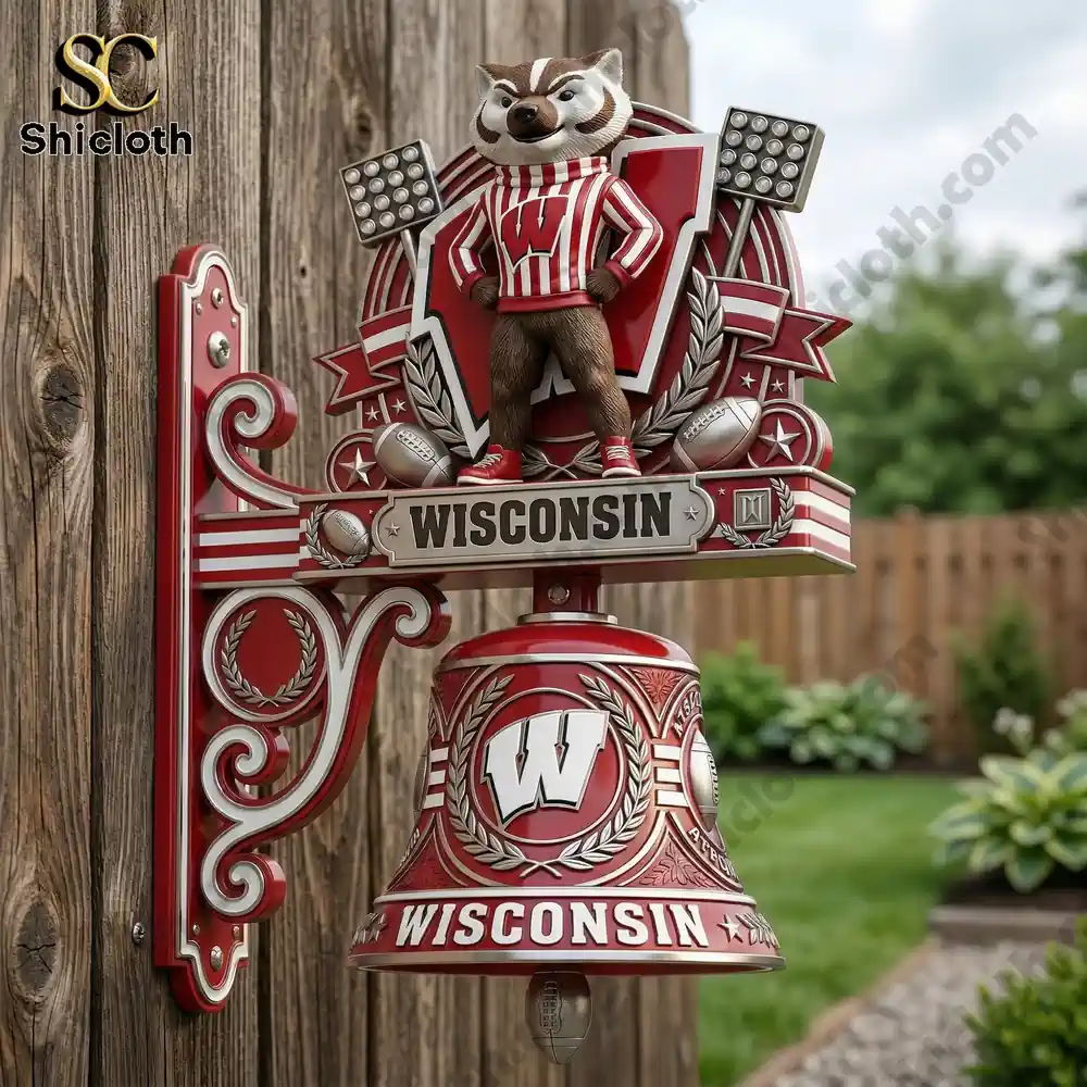 Wisconsin badger mascot wall bell on wooden post in yard!