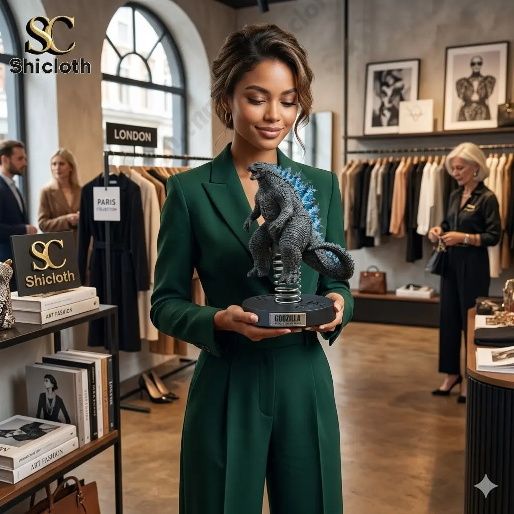 woman holding Godzilla figure in Shicloth store