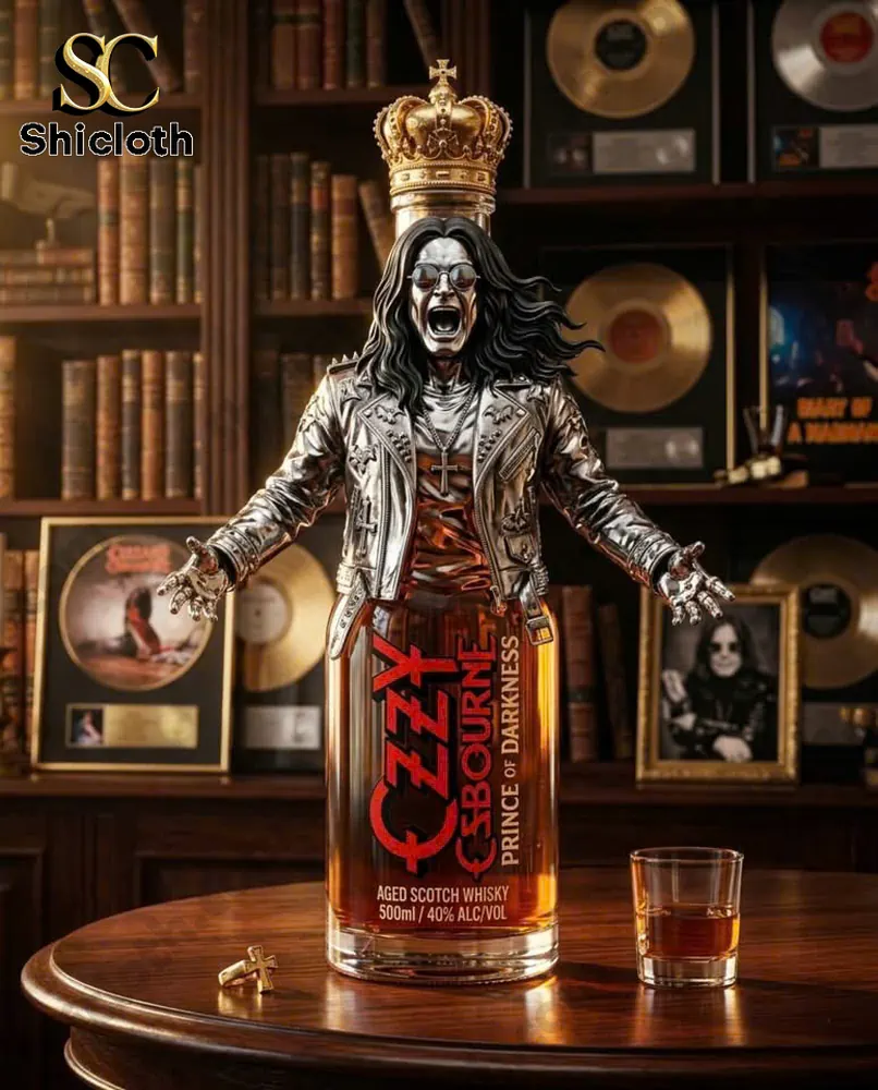 A sculpted rock figure whisky bottle with a crown on a wooden table