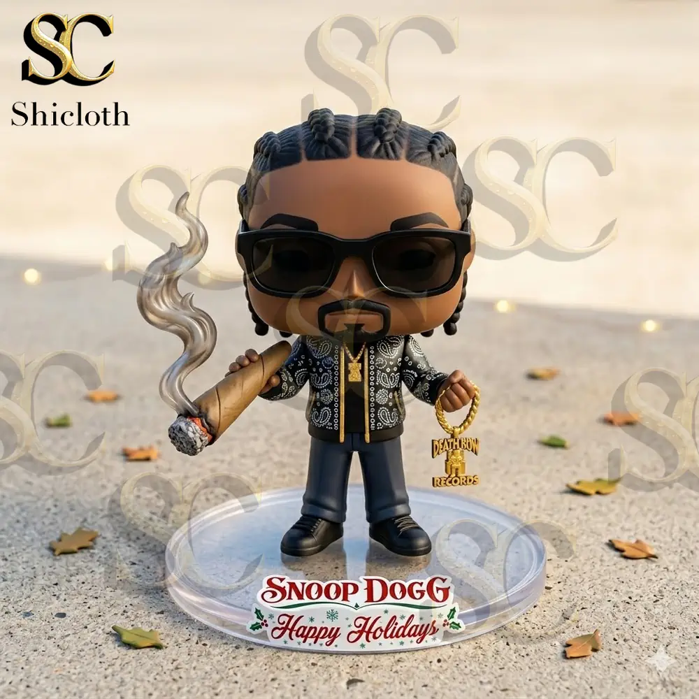 Snoop Dogg vinyl figure with smoking joint and gold chains on Happy Holidays stand