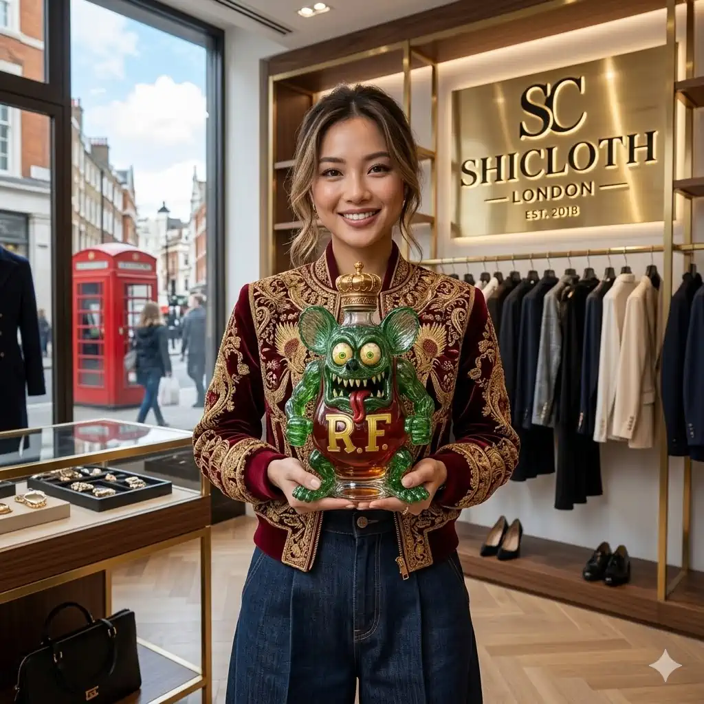 Woman holding rat fink bottle in shicloth store