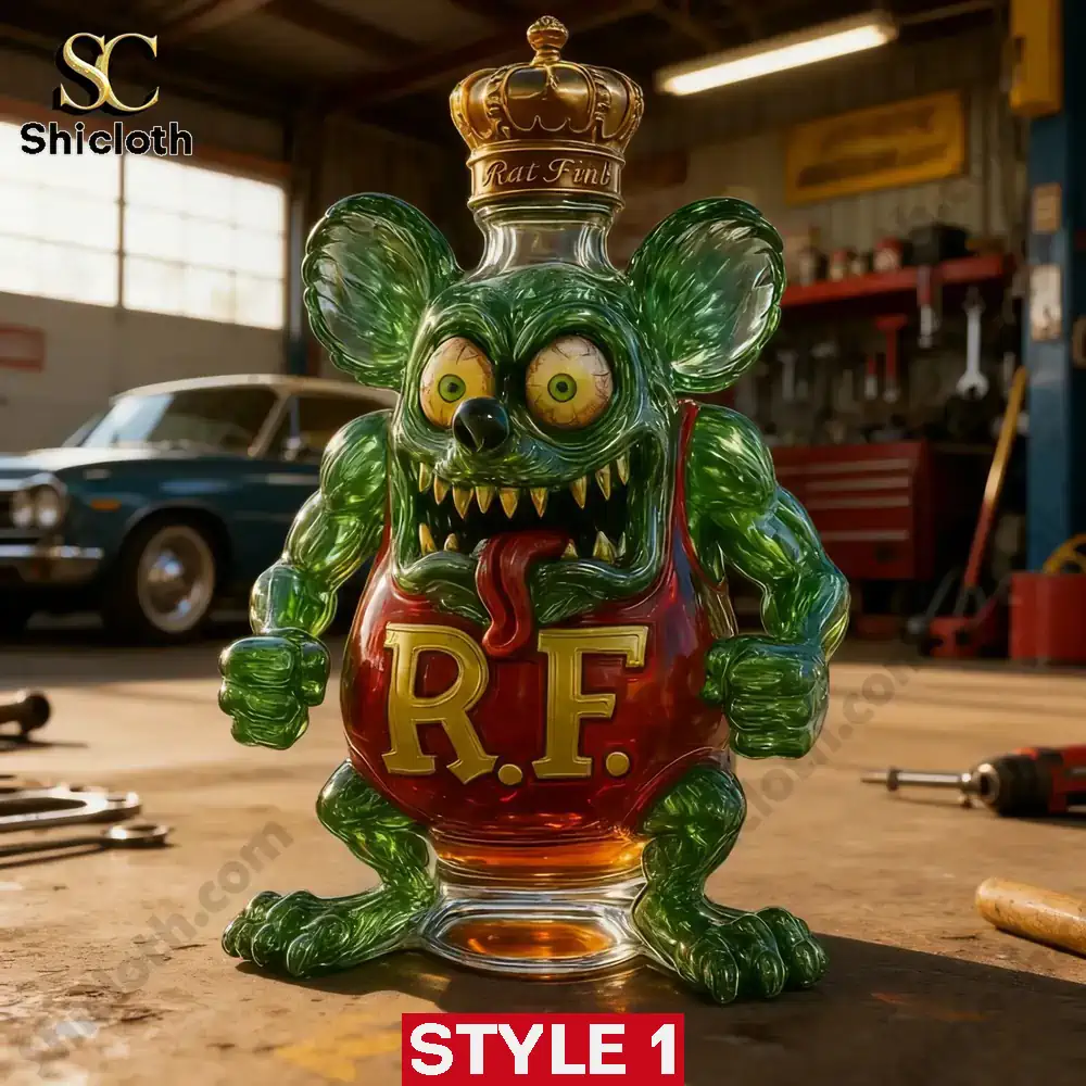Rat fink bottle in retro garage setting
