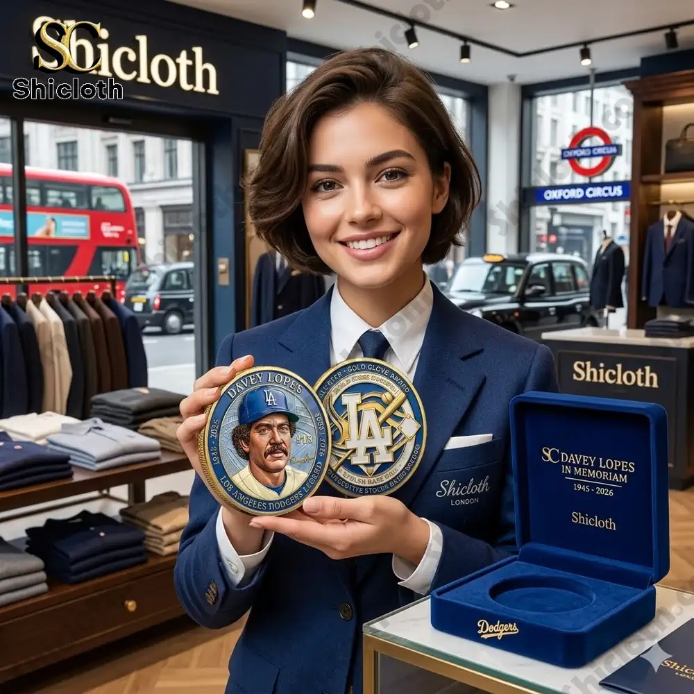 Woman holding davey lopes commemorative coin in shicloth store