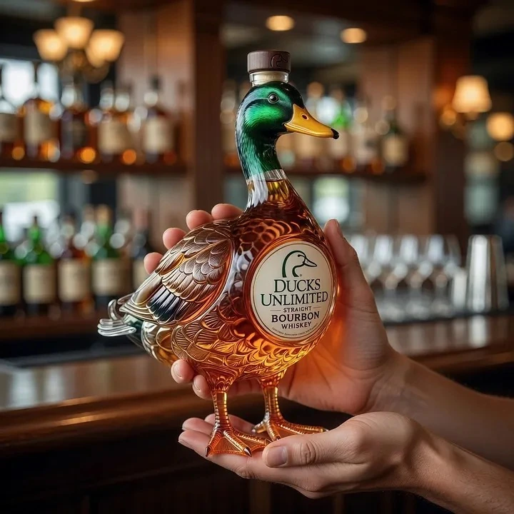 Woman presenting duck bourbon bottle inside luxury shop!
