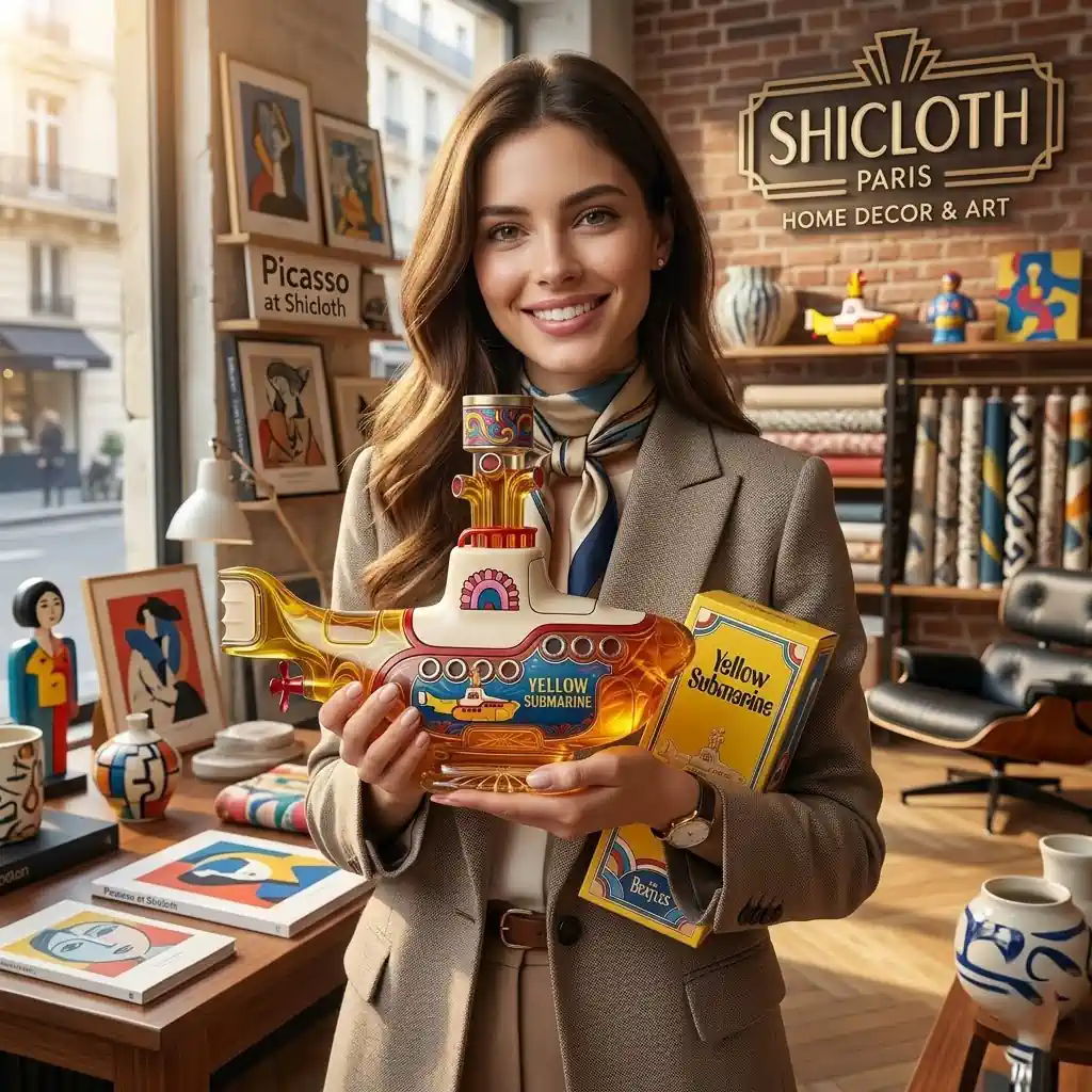 Smiling woman holding a yellow submarine shaped collectible bottle in a boutique art store!
