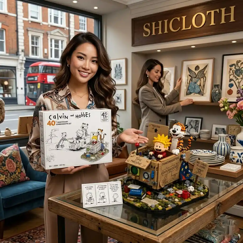 Woman holding Calvin and Hobbes building brick set in Shicloth store!