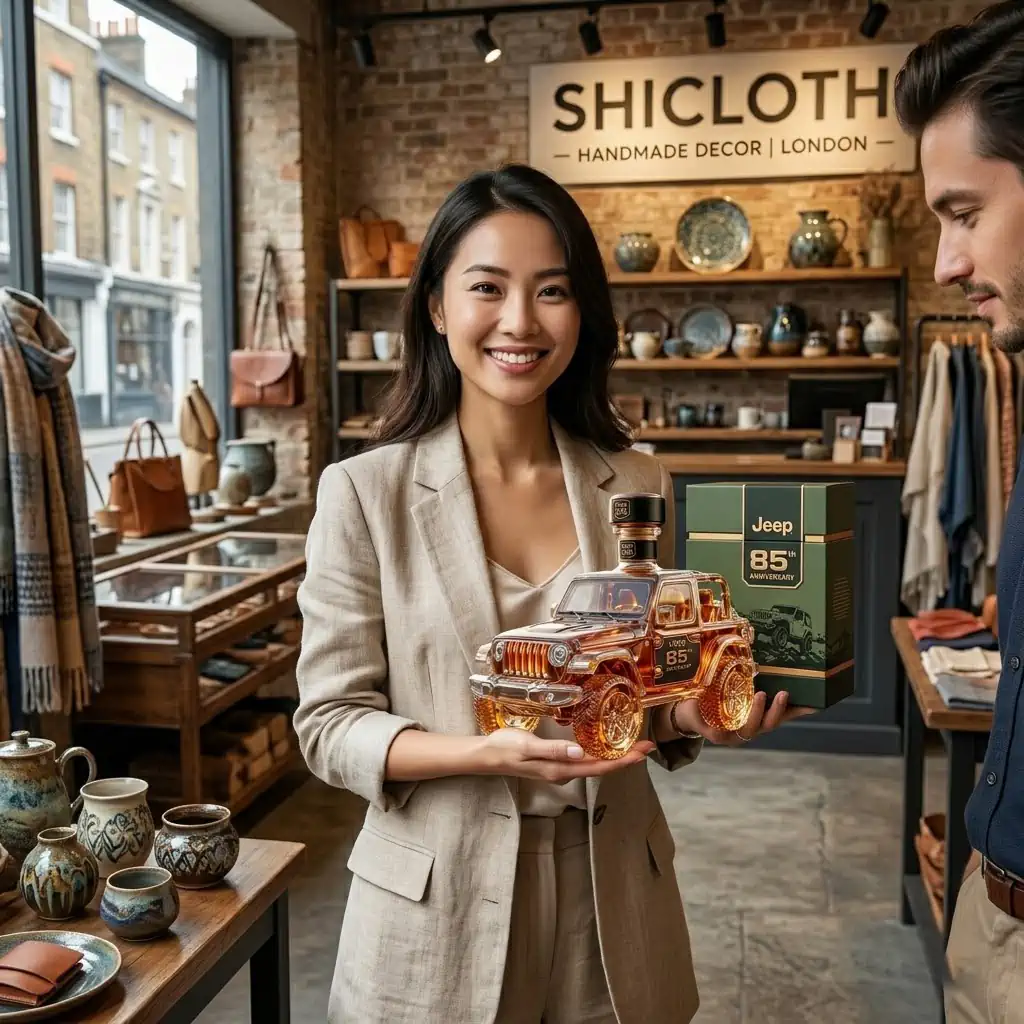 A woman in a blazer holds a Jeep shaped liquor bottle inside a shop with Shicloth branding visible!