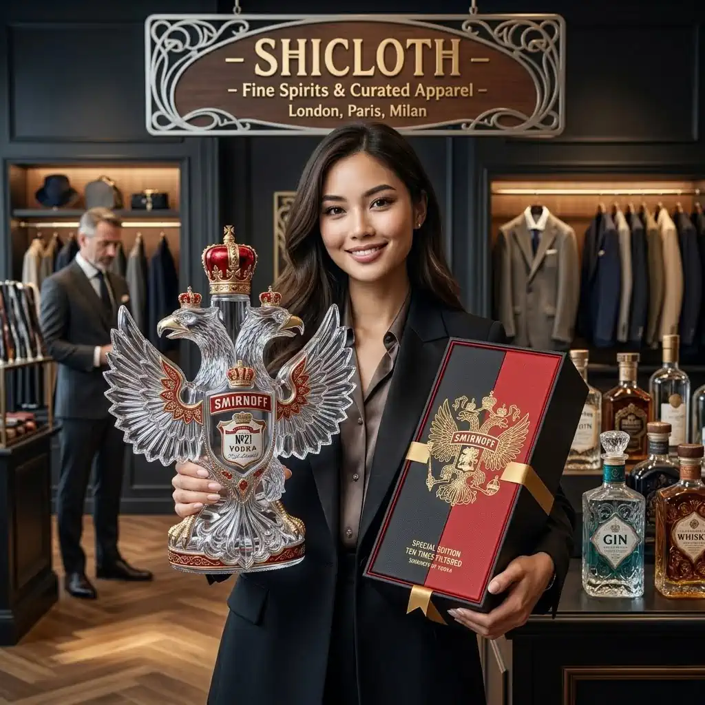 Woman holding a clear glass double headed eagle vodka bottle in a luxury store.