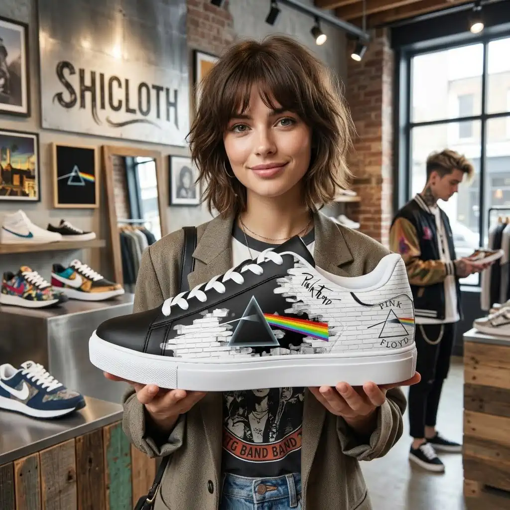 A woman smiling while holding a large Pink Floyd Dark Side of the Moon themed sneaker inside a Shicloth store!