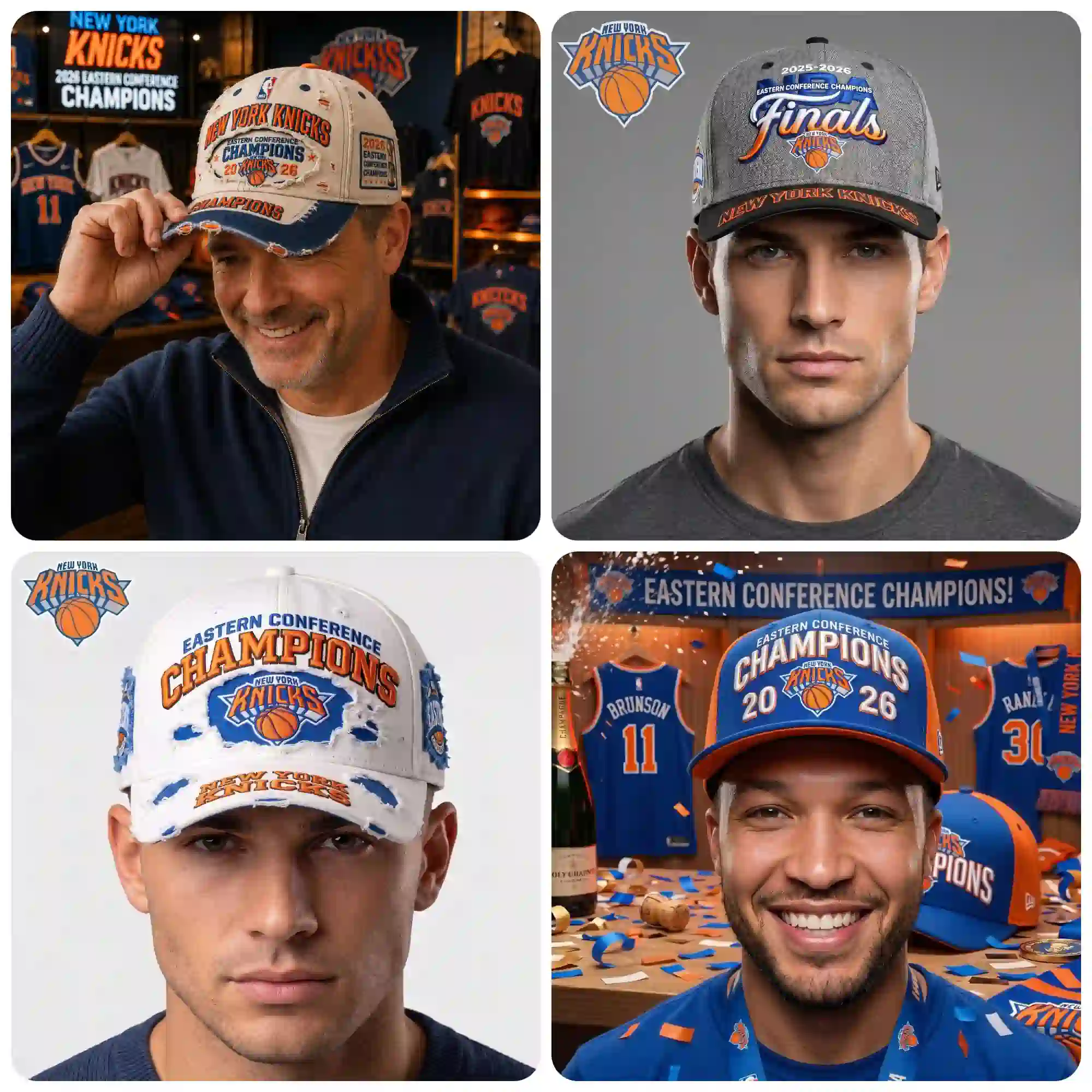 New York Knicks 2026 Eastern Conference Champions hats worn by models