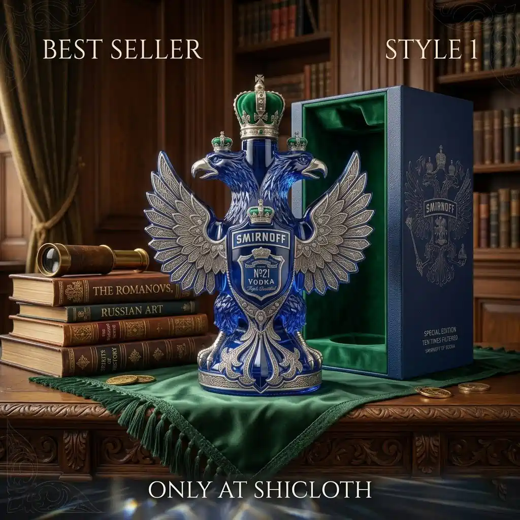 Blue eagle vodka bottle with green velvet crowns on a wooden desk with books.