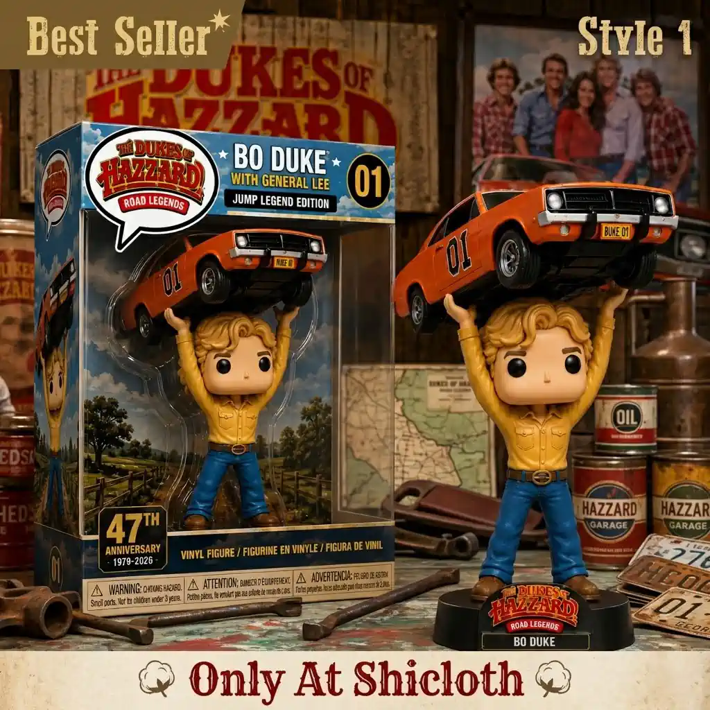 Bo Duke vinyl figure holding General Lee car in front of vintage garage setting!