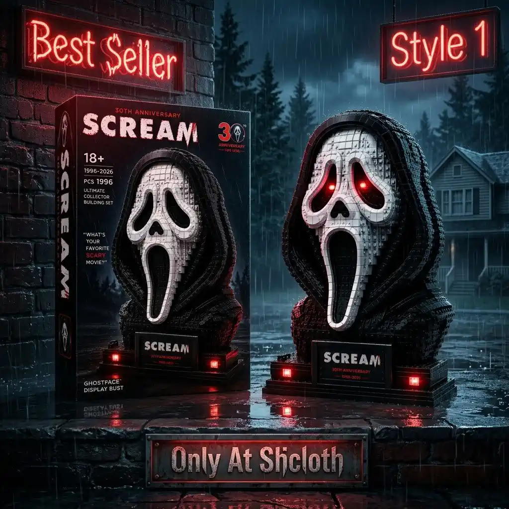 Ghostface brick bust with glowing eyes in rainy night scene!