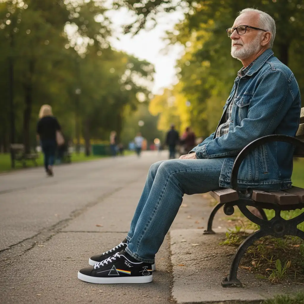 An elderly man wearing Pink Floyd sneakers sitting on a wooden bench in a sunny park!