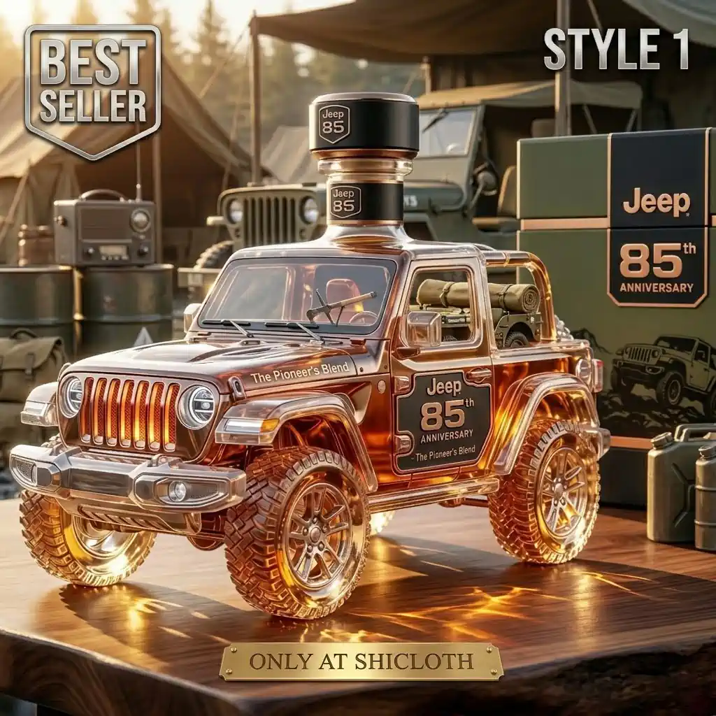 A close up shot of a Jeep car shaped liquor bottle with Shicloth branding!