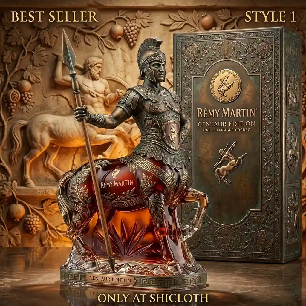 Bronze centaur cognac bottle standing next to a decorative box with Greek motifs.