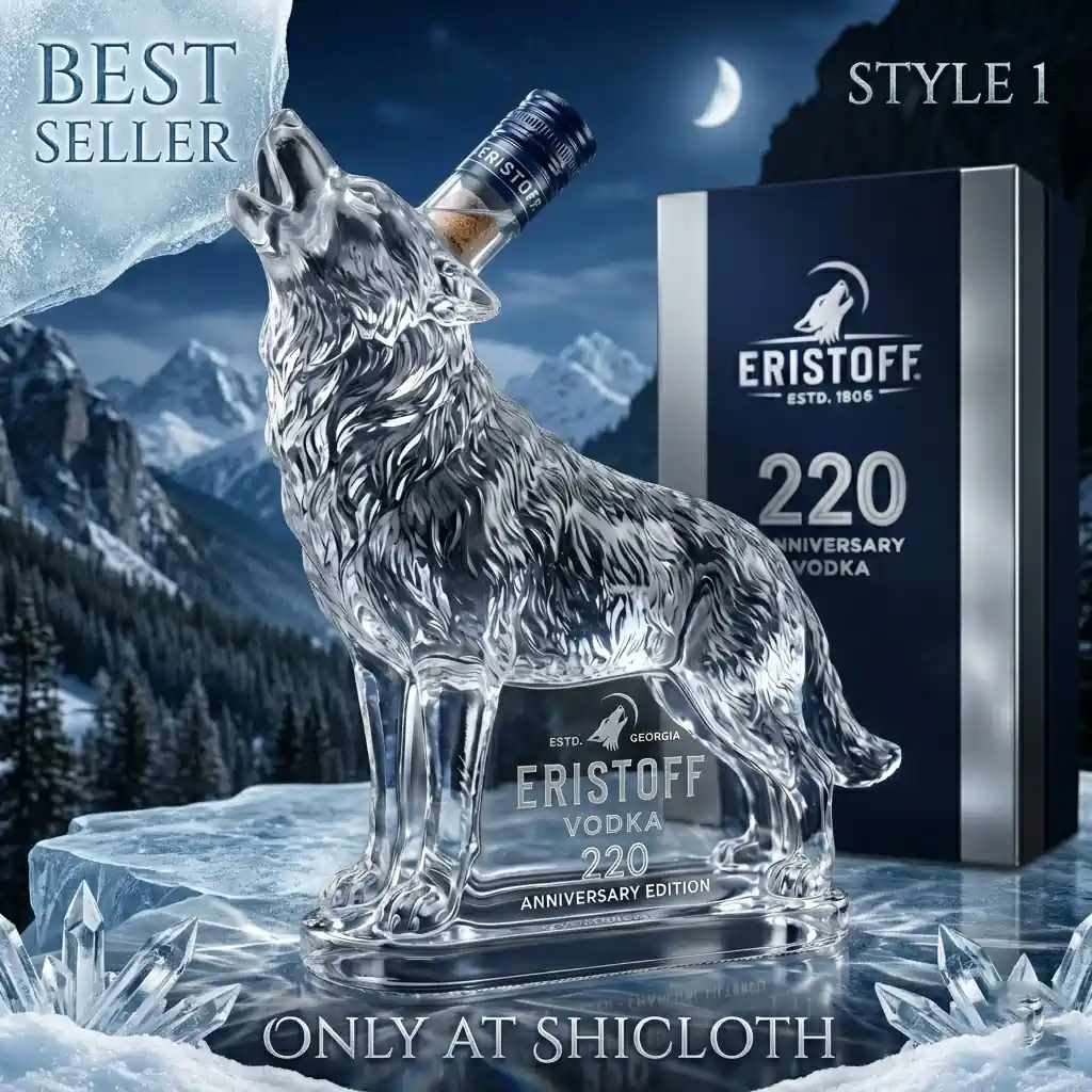 Clear wolf shaped Eristoff anniversary vodka bottle on icy mountain scene by Shicloth!